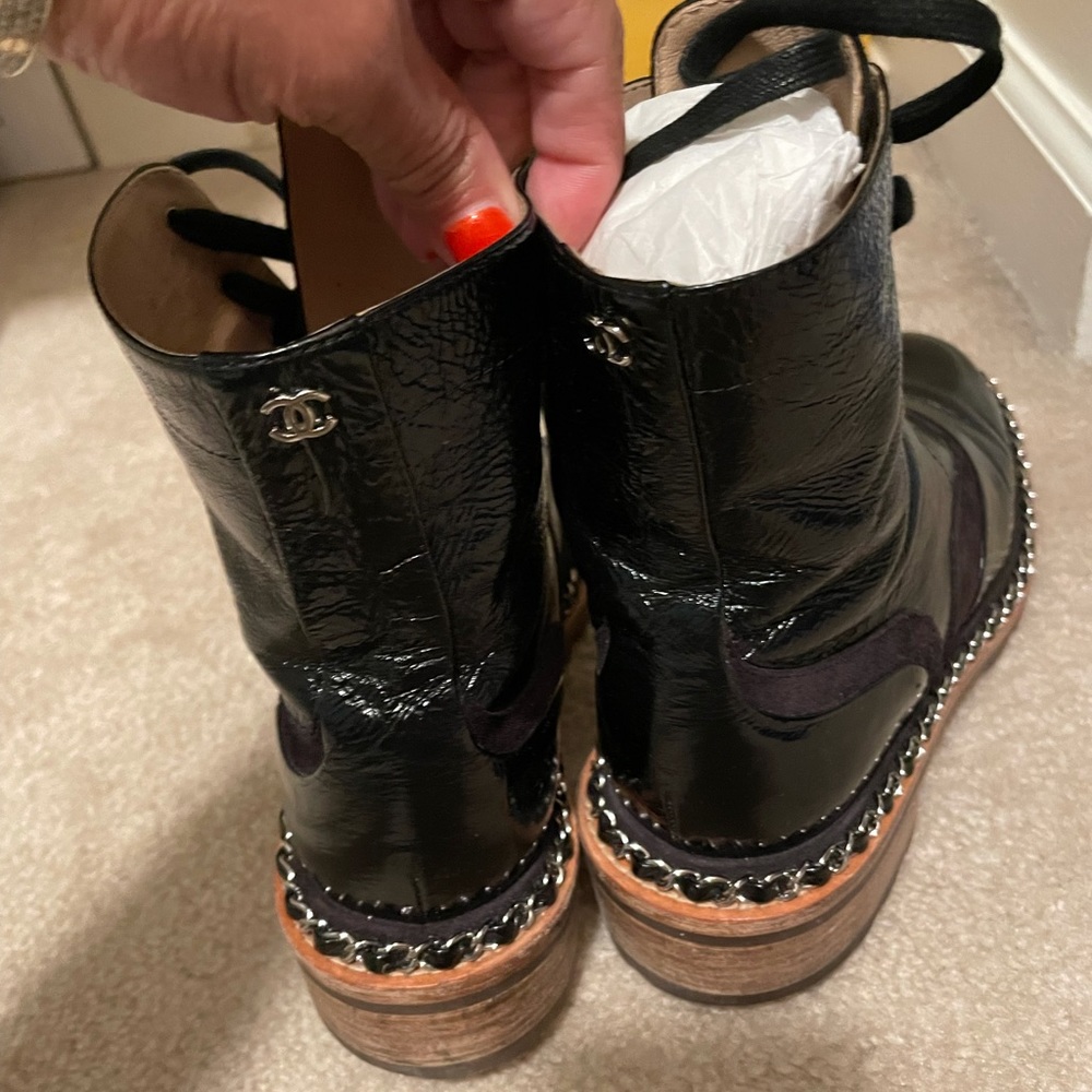 CHANEL PATENT & SUEDE COMBAT BOOTS WITH CHAIN